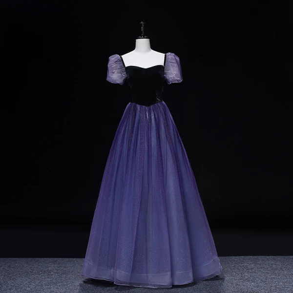 Vintage / Retro Purple Prom Dresses 2022 Ball Gown Square Neckline Puffy Short Sleeve Backless Floor-Length / Long Prom Formal Dresses