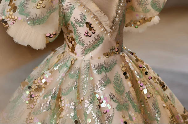 Bling Bling Champagne Beading Pearl Rhinestone Sequins Birthday Flower Girl Dresses 2024 Ball Gown High Neck Puffy Short Sleeve Floor-Length / Long