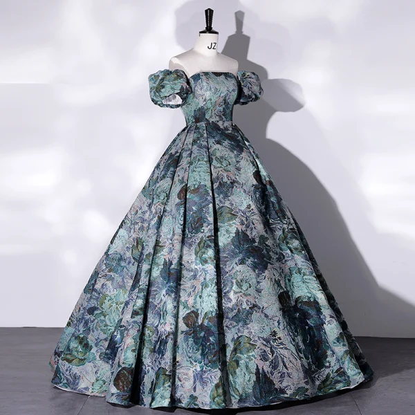 Vintage / Retro Multi-Colors Printing Satin Prom Dresses 2022 Ball Gown Strapless Short Sleeve Backless Floor-Length / Long Formal Dresses