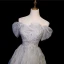 Sexy Grey Beading Pearl Rhinestone Prom Dresses 2023 A-Line / Princess Off-The-Shoulder Short Sleeve Backless Floor-Length / Long Prom Formal Dresses