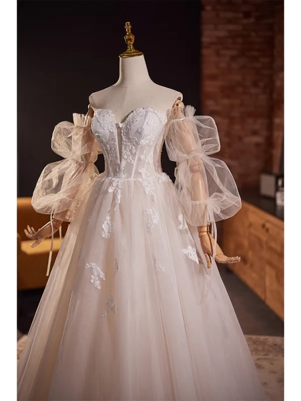 Elegant Blushing Pink Lace Flower Prom Dresses 2024 Ball Gown Off-The-Shoulder Short Sleeve Backless Floor-Length / Long Prom Formal Dresses