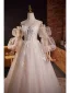 Elegant Blushing Pink Lace Flower Prom Dresses 2024 Ball Gown Off-The-Shoulder Short Sleeve Backless Floor-Length / Long Prom Formal Dresses