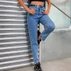 Przypadkowy Wysokiej Talii Kobiety Jeansy 2021 Granatowe Dżinsowa Bottoms Spodnie