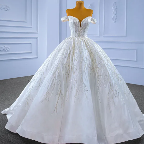 High End Weiß Perlenstickerei Pailletten Brautkleider / Hochzeitskleider 2022 Ballkleid Off Shoulder Ärmellos Rückenfreies Lange Hochzeit