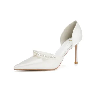 Élégant Blanche Perle Satin Chaussure De Mariée 2025 Talons Hauts 6 Cm Talons Aiguilles À Bout Pointu Mariage Talons