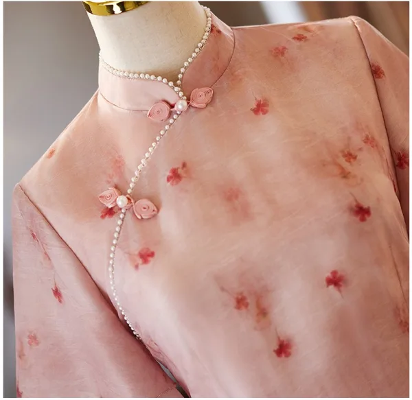 Chinese style Blushing Pink Printing Evening Party Cheongsam 2025 Trumpet / Mermaid High Neck Short Sleeve Floor-Length / Long