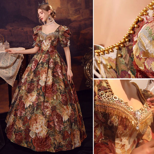 Medieval Vintage / Retro Printing Prom Dresses 2023 A-Line / Princess Square Neckline Short Sleeve Backless Floor-Length / Long Prom Formal Dresses