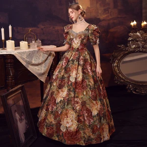 Medieval Vintage Retro Printing Prom Dresses 2023 A Line Princess Square Neckline Short Sleeve Backless Floor Length Long Prom Formal Dresses