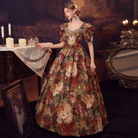 Medieval Vintage Impresión Vestidos de gala 2023 A-Line / Princess Escote Cuadrado Manga Corta Sin Espalda Largos Gala Vestidos Formales