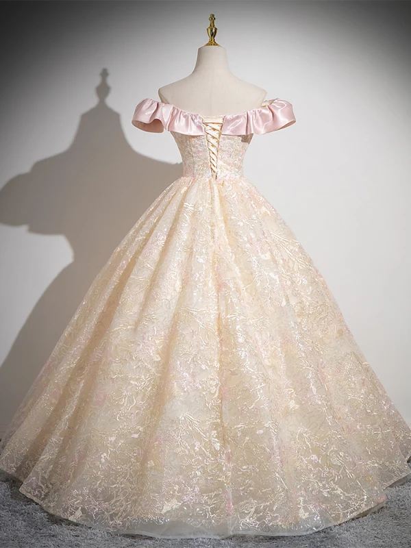 Chic / Beautiful Blushing Pink Sequins Lace Flower Prom Dresses 2024 Ball Gown Off-The-Shoulder Sleeveless Backless Floor-Length / Long Prom Formal Dresses