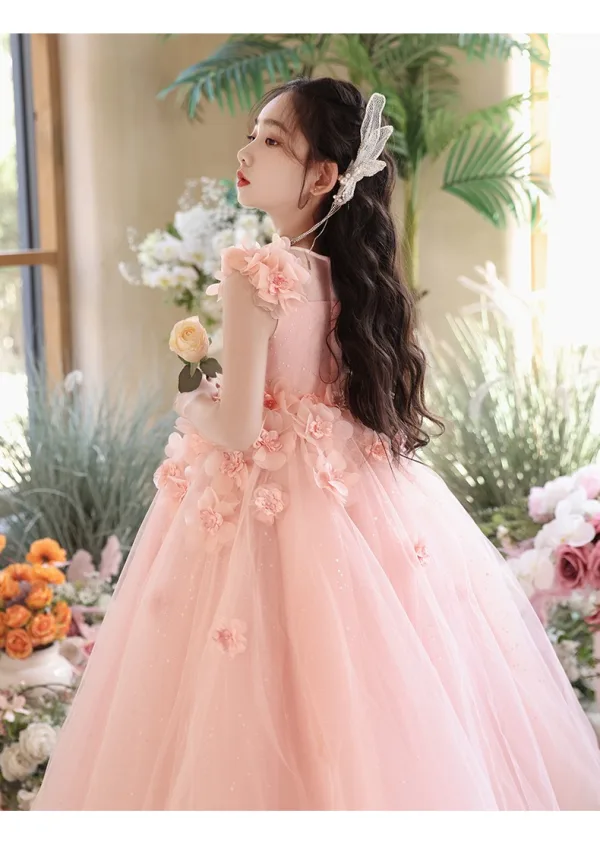 Chic / Beautiful Blushing Pink Appliques Birthday Flower Girl Dresses 2024 Ball Gown Square Neckline Sleeveless Floor-Length / Long