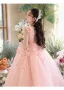 Chic / Beautiful Blushing Pink Appliques Birthday Flower Girl Dresses 2024 Ball Gown Square Neckline Sleeveless Floor-Length / Long