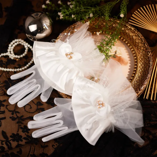 Vintage / Originale Ivoire Fait main Perle Satin Gants Mariage 2026 Mariage