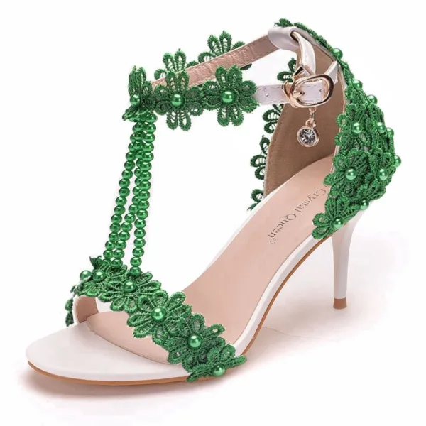 Charming Multi-Colors T-Strap Pearl Lace Flower Prom Womens Sandals 2024 7 cm Stiletto Heels Open / Peep Toe Sandals High Heels