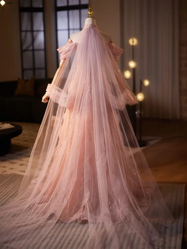 Luxus / Herrlich Rosa Handgefertigt Perlenstickerei Pailletten Strass Ballkleider 2025 A Linie Off Shoulder Kurze Ärmel Sweep / Pinsel Zug Ball Festliche Kleider