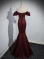 Sexy Burgundy Satin Evening Dresses 2023 Trumpet / Mermaid Off-The-Shoulder Short Sleeve Backless Floor-Length / Long Evening Party Formal Dresses