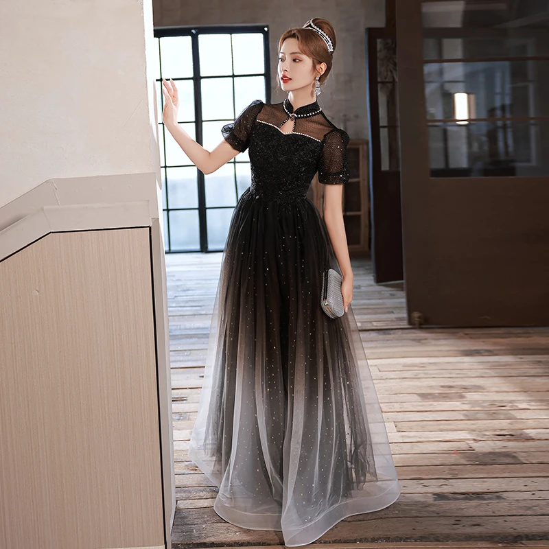 Chic Beautiful Black Beading Pearl Sequins Evening Dresses 2023 A-Line Princess High