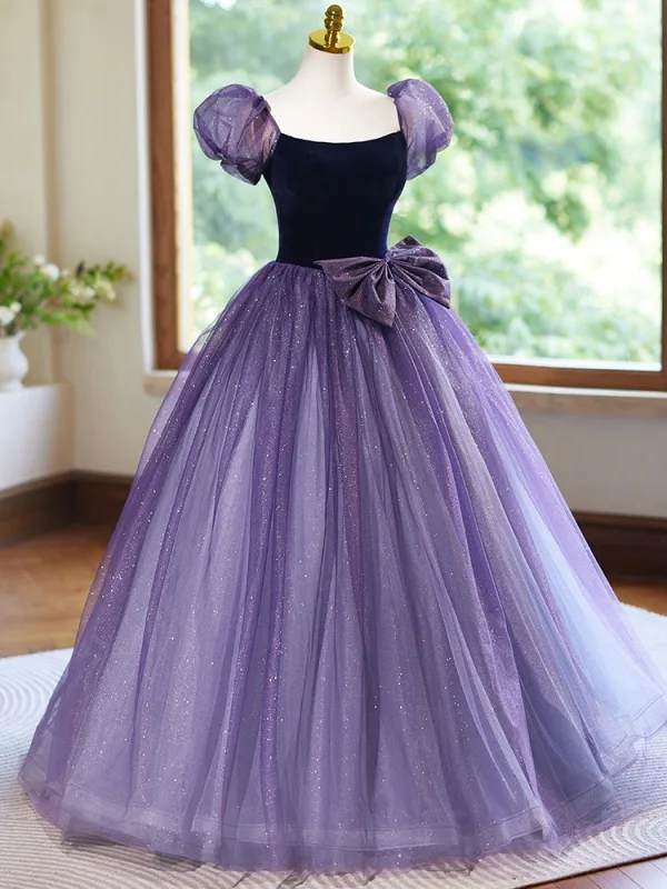 Chic / Beautiful Lilac Sequins Prom Dresses 2024 Ball Gown Square Neckline Puffy Short Sleeve Backless Bow Floor-Length / Long Prom Formal Dresses