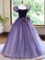 Chic / Beautiful Lilac Sequins Prom Dresses 2024 Ball Gown Square Neckline Puffy Short Sleeve Backless Bow Floor-Length / Long Prom Formal Dresses