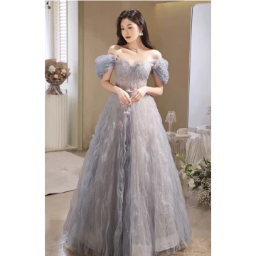 Charming Sky Blue Beading Pearl Appliques Prom Dresses 2023 A Line Princess Off The Shoulder Short Sleeve Backless Floor Length Long Prom Formal Dresses