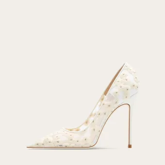 Fashion White Daisy Embroidered Wedding Shoes 2024 10 Cm Stiletto Heels Pointed Toe Wedding Pumps High Heels