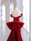 Sexy Burgundy Rhinestone Velvet Evening Dresses 2023 Trumpet / Mermaid Off-The-Shoulder Sleeveless Backless Bow Sweep Train Evening Party Formal Dresses