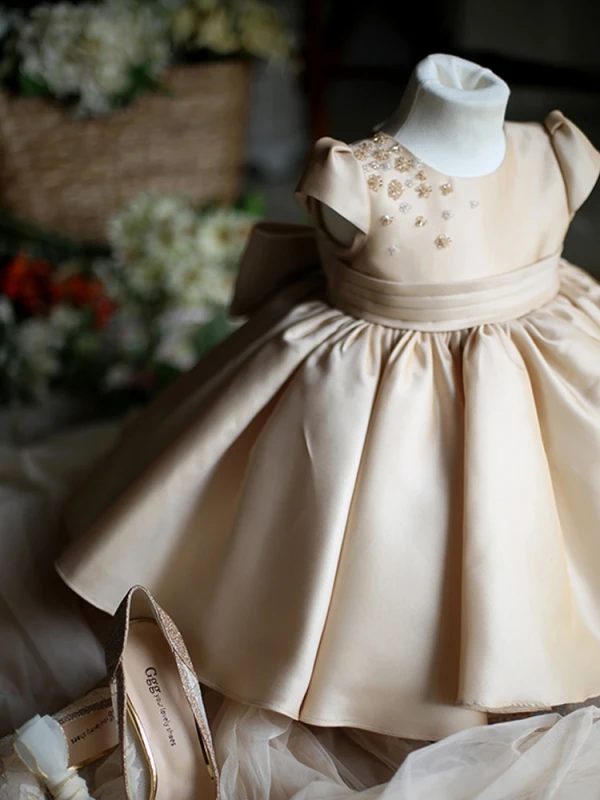 Modest / Simple Blushing Pink Beading Bow Short Flower Girl Dresses 2023 Ball Gown Birthday Scoop Neck Short Sleeve