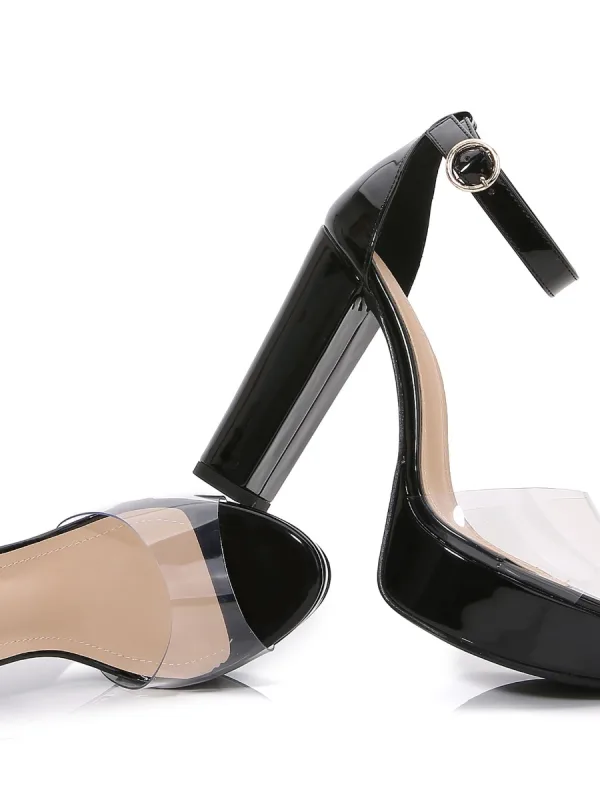 Sexy Transparent Schwarz Abend Sandalen Damen 2022 Knöchelriemen 12 cm Thick Heels Peeptoes Sandaletten Hochhackige