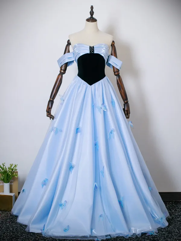 Schöne Himmelblau Schmetterling Ballkleider 2025 Ballkleid Off Shoulder Ärmellos Rückenfreies Schleife Lange Festliche Kleider