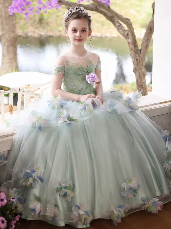 Flower Fairy Sage Green Beading Appliques Birthday Flower Girl Dresses 2026 Ball Gown Scoop Neck Sleeveless Floor-Length / Long Tulle