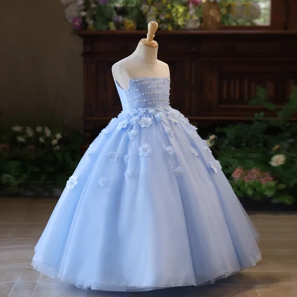Chic / Beautiful Sky Blue Pearl Appliques Birthday Flower Girl Dresses 2025 Ball Gown Scoop Neck Sleeveless Backless Floor-Length / Long