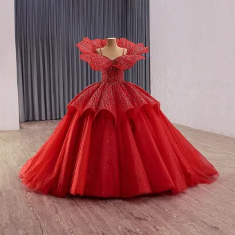 Luxury Gorgeous Red Glitter Handmade Beading Sequins Wedding Dresses 2025 Ball Gown Spaghetti Straps Short Sleeve Backless Chapel Train Wedding