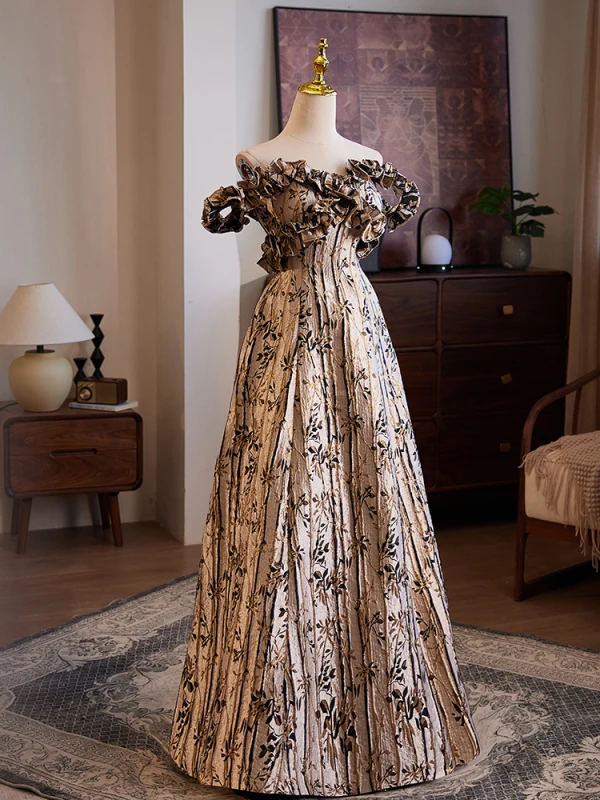 Vintage / Retro Brown Printing Prom Dresses 2024 A-Line / Princess Off-The-Shoulder Sleeveless Backless Floor-Length / Long Prom Formal Dresses