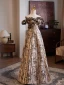 Vintage / Retro Brown Printing Prom Dresses 2024 A-Line / Princess Off-The-Shoulder Sleeveless Backless Floor-Length / Long Prom Formal Dresses