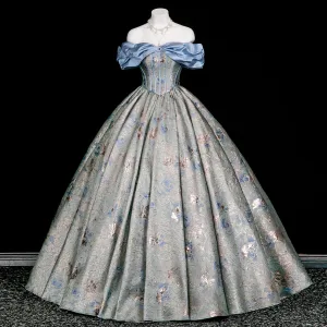 Vintage Retro Pool Blue Rhinestone Printing Prom Dresses 2025 Ball Gown Off The Shoulder Short Sleeve Backless Floor Length Long Formal Dresses