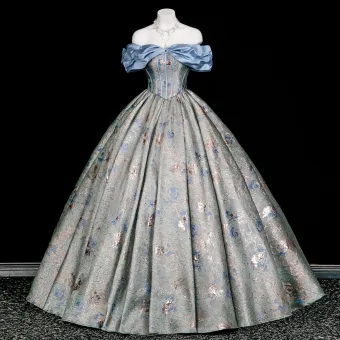 Vintage Blauw Rhinestone Het Drukken Galajurken 2025 Baljurk Uit De Schouder Korte Mouwen Ruglooze Lange Gelegenheid Jurken