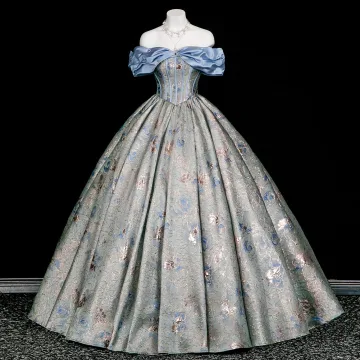 Vintage Originale Bleu Faux Diamant Impression Robe De Bal 2025 Robe Boule De L Épaule Manches Courtes Dos Nu Longue Robe De Ceremonie