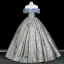 Vintage / Retro Pool Blue Rhinestone Printing Prom Dresses 2025 Ball Gown Off-The-Shoulder Short Sleeve Backless Floor-Length / Long Formal Dresses