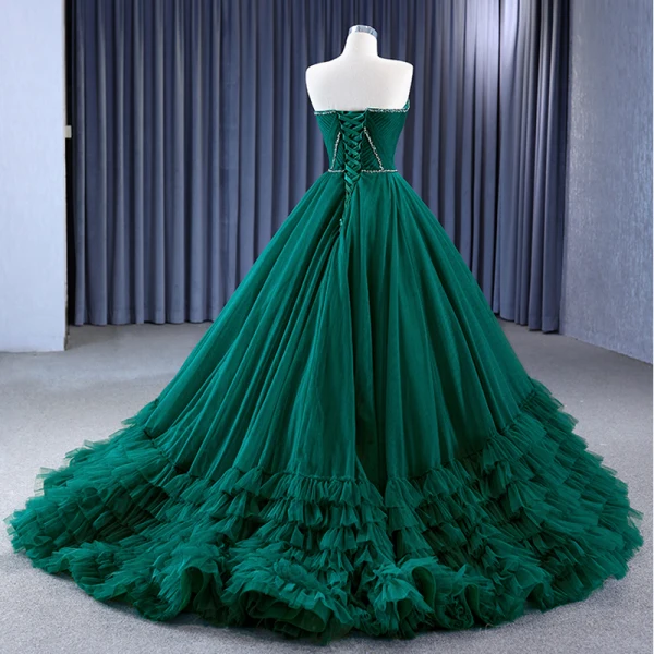 High-end Vintage / Retro Dark Green Pleated Prom Dresses 2023 Ball Gown Strapless Beading Sleeveless Backless Sweep Train Prom Formal Dresses