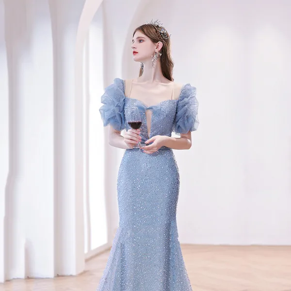 Charmant Bleu Ciel Perlage Robe De Bal 2022 Trompette / Sirène Encolure Carrée Volants Manches Courtes Noeud Longue Robe De Ceremonie