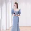 Charmant Bleu Ciel Perlage Robe De Bal 2022 Trompette / Sirène Encolure Carrée Volants Manches Courtes Noeud Longue Robe De Ceremonie
