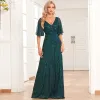 Bling Bling Dark Green Beading Sequins Evening Dresses 2024 A-Line / Princess V-Neck Short Sleeve Backless Floor-Length / Long Prom Formal Dresses