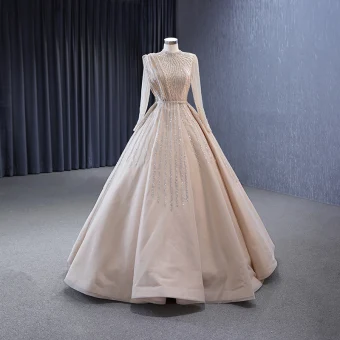 Haut De Gamme Champagne Fait Main Perlage Paillettes Robe De Bal 2023 Robe Boule Col Haut Manches Longues Longue Robe De Ceremonie