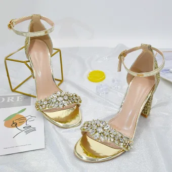 Sexy Doré Faux Diamant Paillettes Chaussure De Mariée 2023 8 Cm Talons Épais Bride Cheville Peep Toes Bout Ouvert Mariage Sandales Talons Hauts