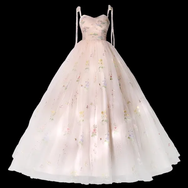 Chic / Beautiful Champagne Lace Flower Floral Prom Dresses 2023 Ball Gown Spaghetti Straps Sleeveless Backless Floor-Length / Long Prom Formal Dresses