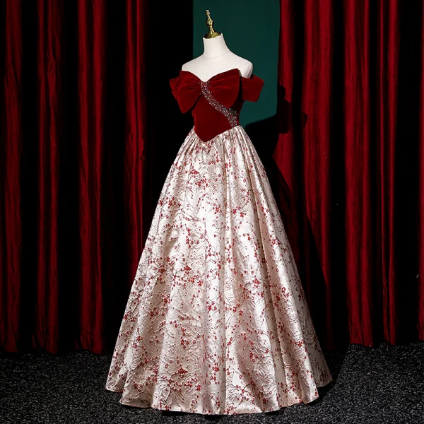 Fashion Burgundy Rhinestone Printing Evening Dresses 2023 A-Line / Princess Off-The-Shoulder Short Sleeve Backless Bow Floor-Length / Long Evening Party Formal Dresses