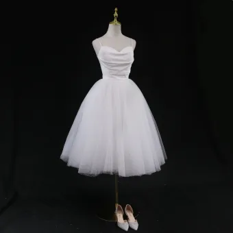 Modest Simple White Dancing Party Dresses 2024 Ball Gown Spaghetti Straps Sleeveless Backless Tea Length Formal Dresses