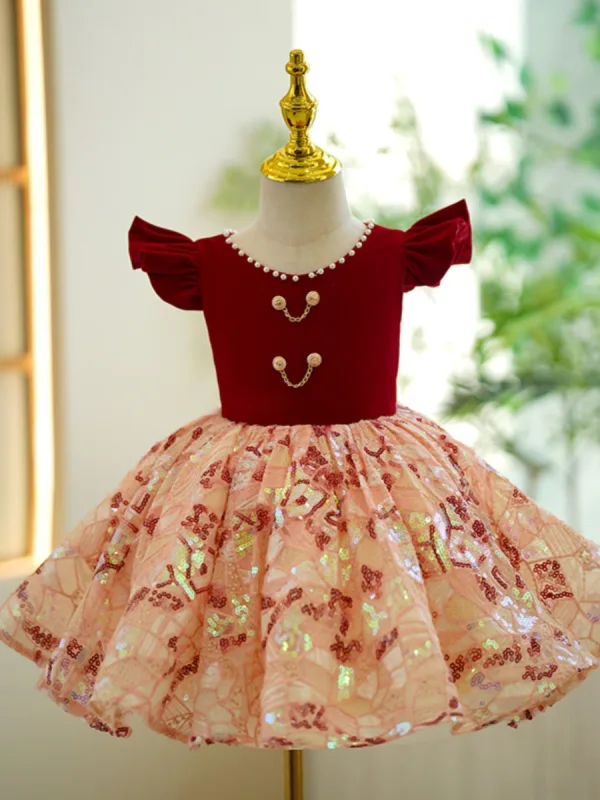 Chic / Beautiful Burgundy Pearl Sequins Short Flower Girl Dresses 2023 Ball Gown Birthday Scoop Neck Sleeveless Backless