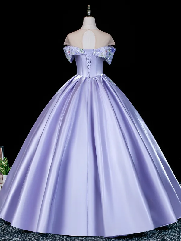 Elegant Lavender Beading Sequins Satin Prom Dresses 2026 Ball Gown Off-The-Shoulder Short Sleeve Backless