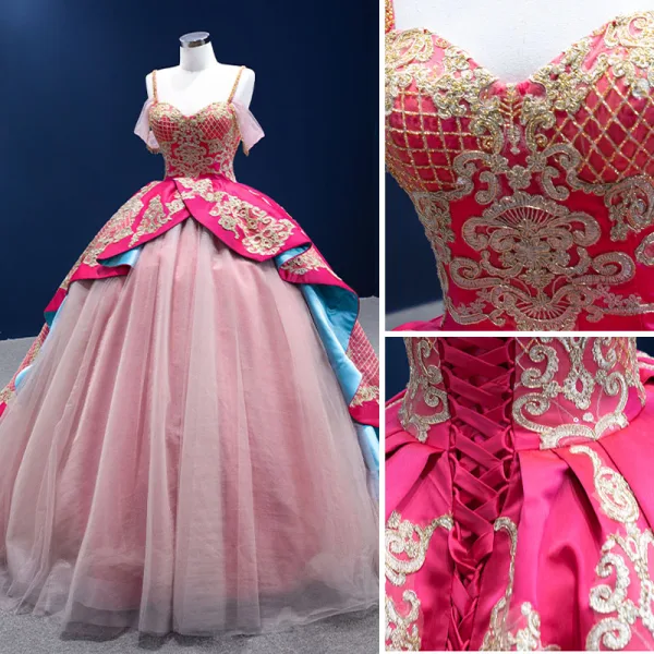 Fancy Fuchsia Multi-Colors Prom Dresses 2022 Ball Gown Spaghetti Straps Sleeveless Backless Beading Lace Flower Sequins Satin Chapel Train Formal Dresses